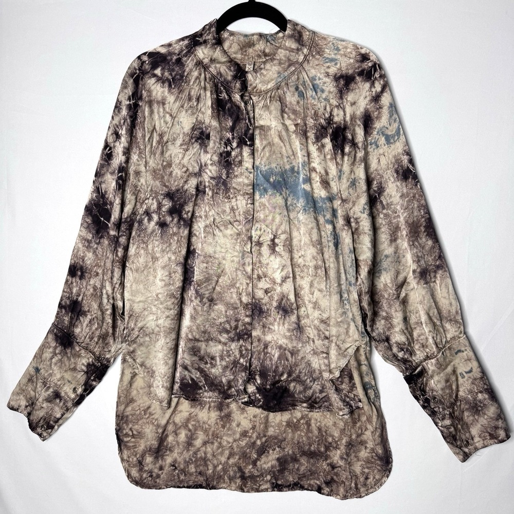 XCVI Tie Dye Top Size XL Tunic Button Long Sleeve Brown Lagenlook Art to Wear